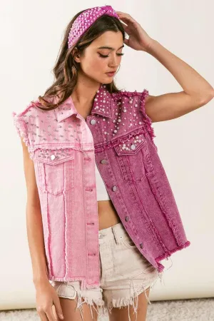 BiBi Pearl & Rhinestone Raw Hem Vest Jacket