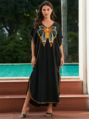 Black Butterfly Embroidered Print Kaftan