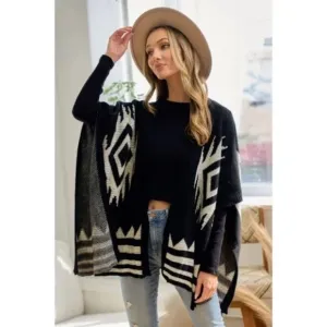 Black Ivory Aztec Boho Pattern Knit Sweater Open Shawl Wrap One Size Fall Winter