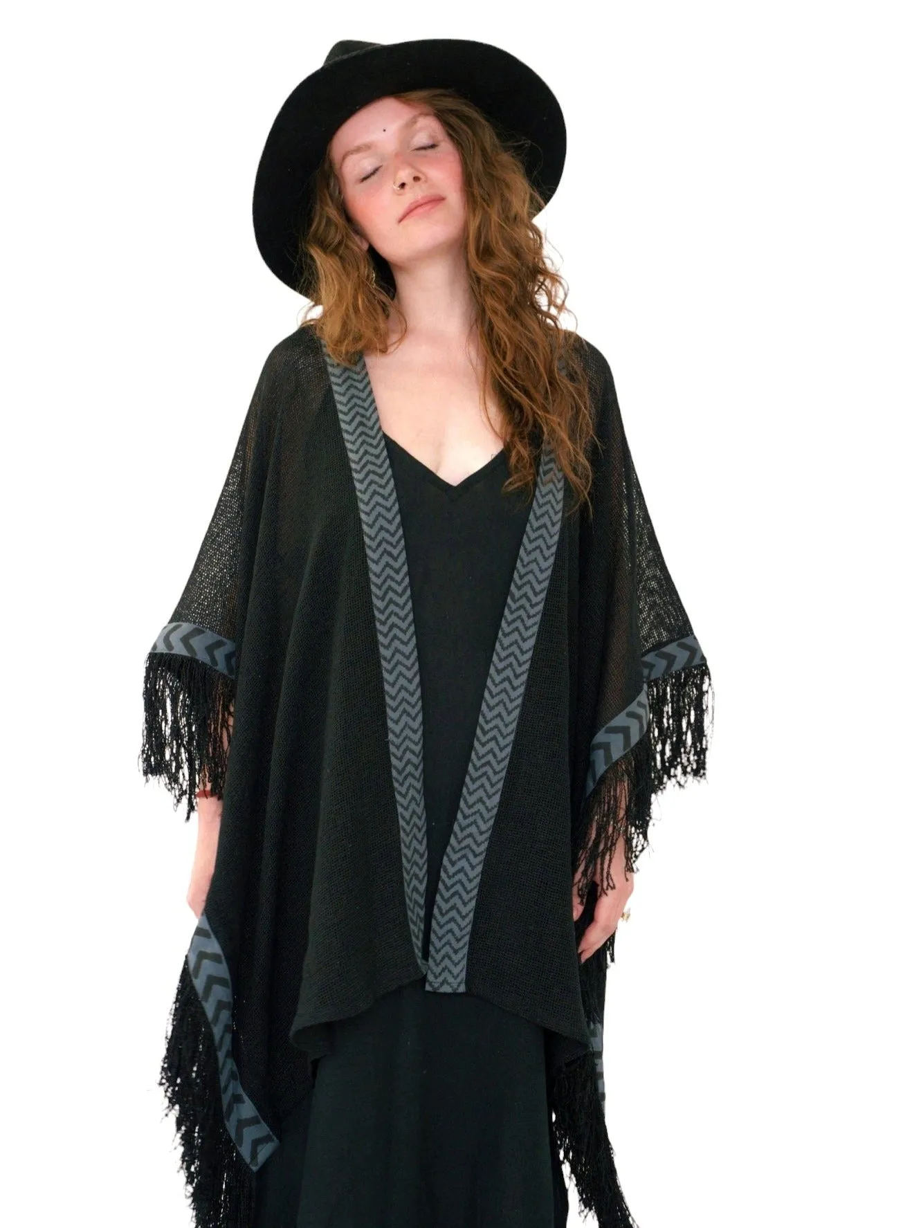 Black Mesh Open Poncho with Fringe