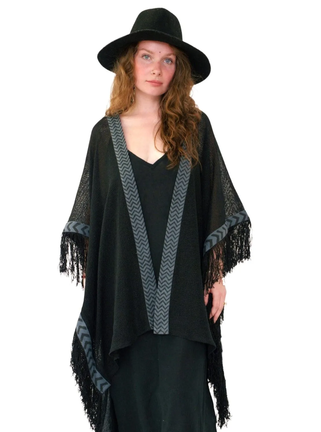 Black Mesh Open Poncho with Fringe