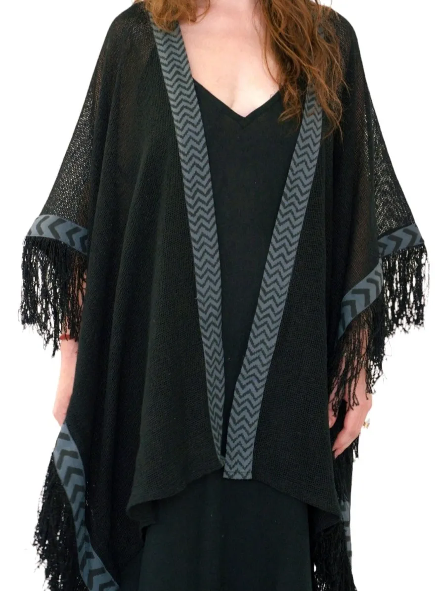 Black Mesh Open Poncho with Fringe