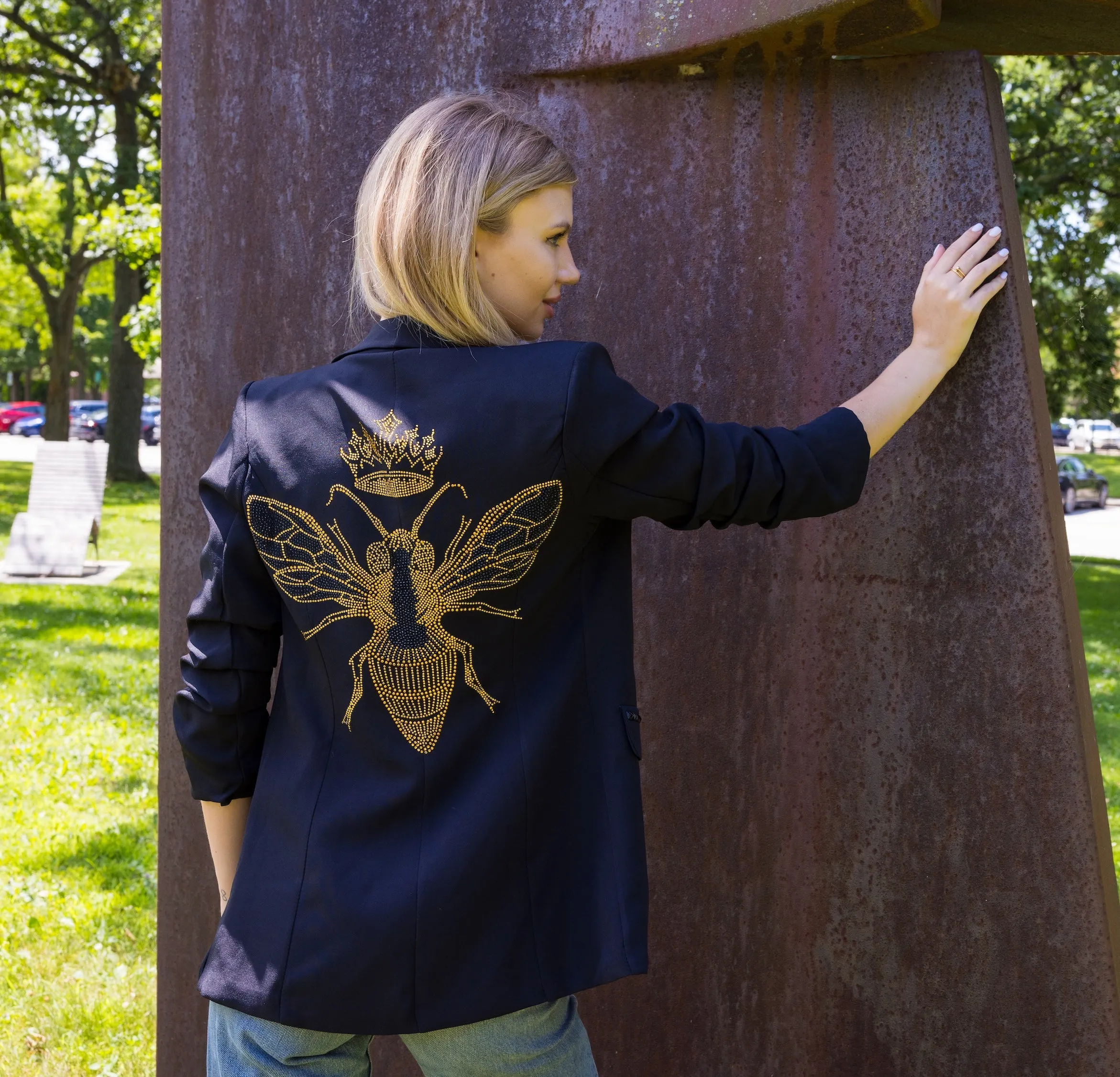 Blazer, Ruched Black, Gold Queen Bee w/ Black Pocket Studs