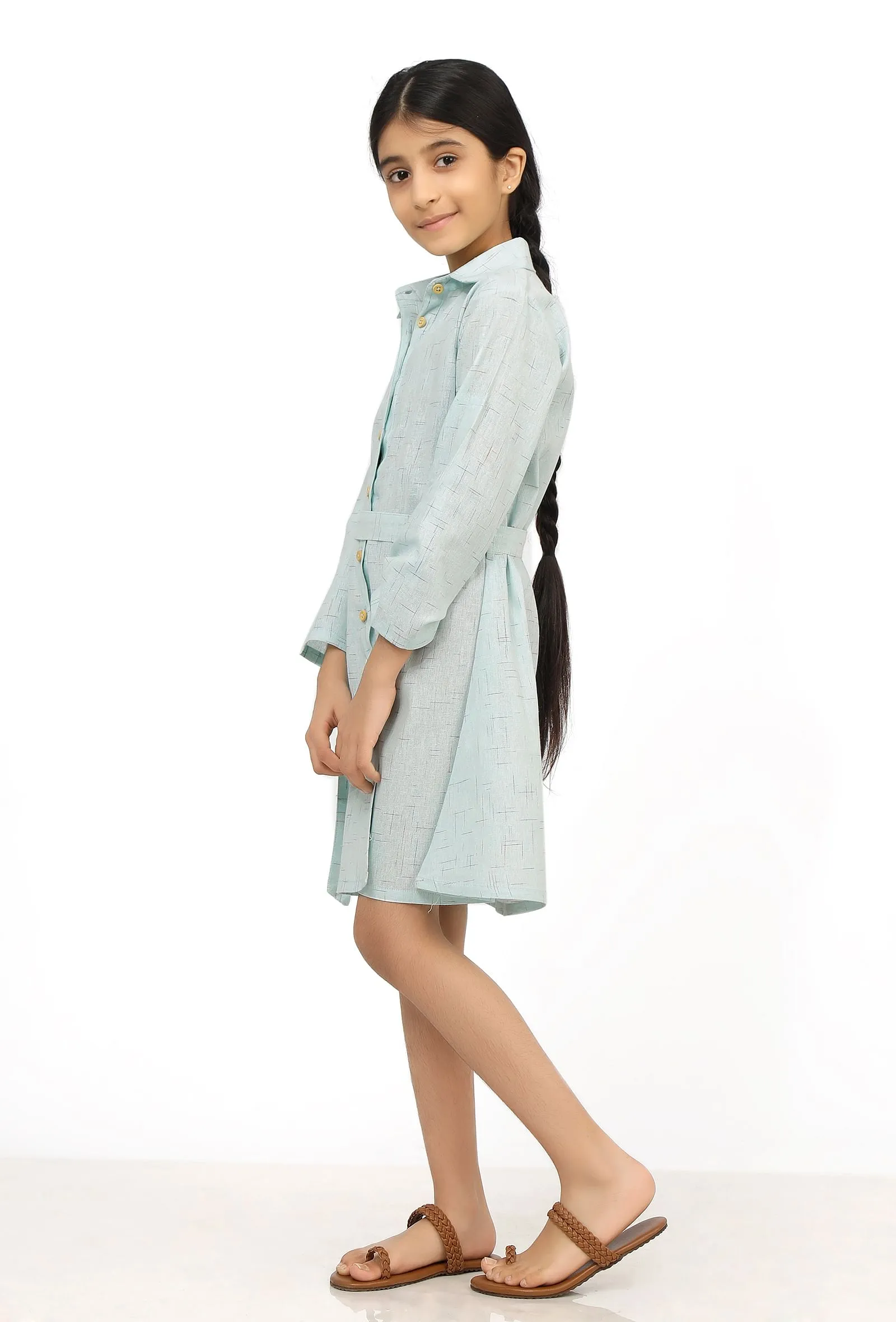 Blue Melange Cotton Tunic Dress With Waist Belt