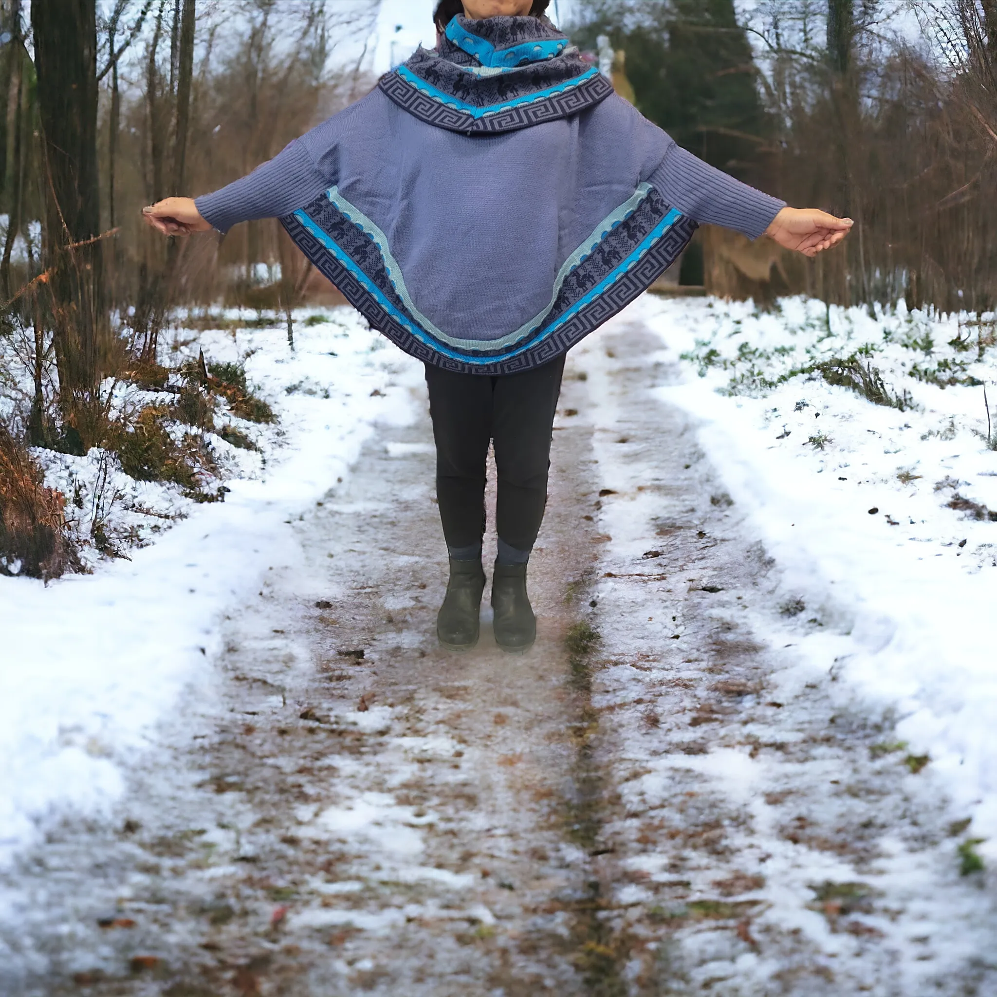 Blue poncho with sleeves is knit of alpaca fibers #0028