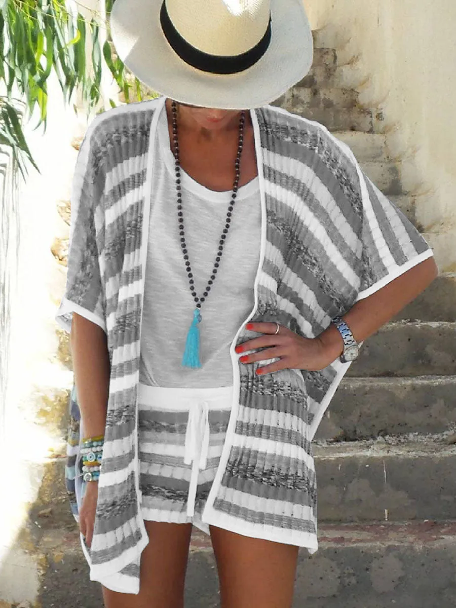 Bohemian Casual Loose Vest Top Shorts Short Sleeve Coat Striped Three Piece Set