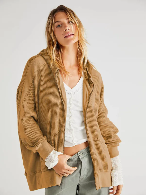 Bohemian Long Sleeve Loose Waffle Knit Casual Zip Front Hoodie