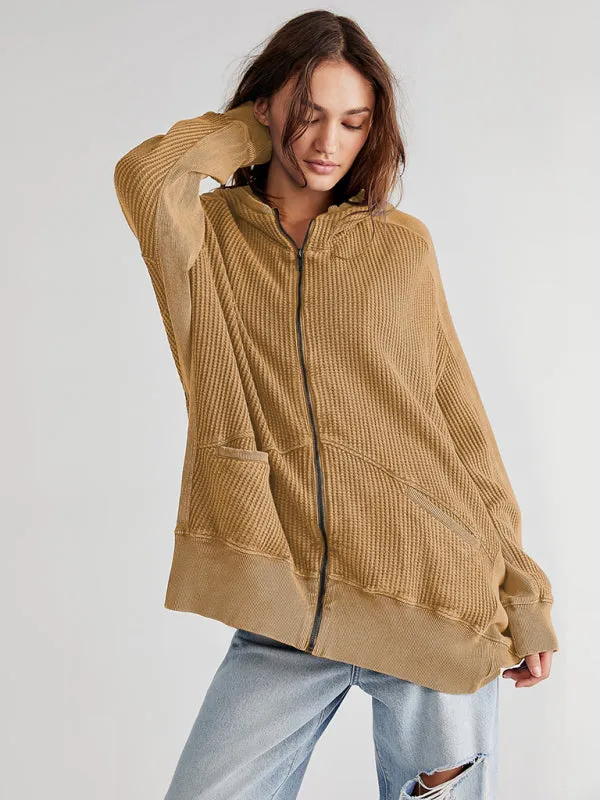 Bohemian Long Sleeve Loose Waffle Knit Casual Zip Front Hoodie