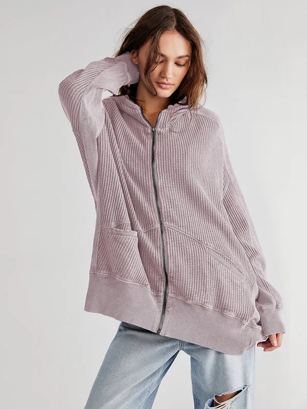 Bohemian Long Sleeve Loose Waffle Knit Casual Zip Front Hoodie