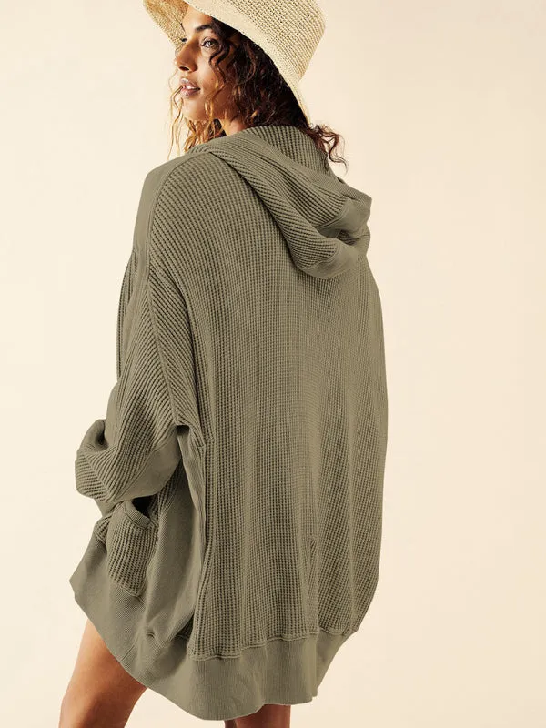 Bohemian Long Sleeve Loose Waffle Knit Casual Zip Front Hoodie