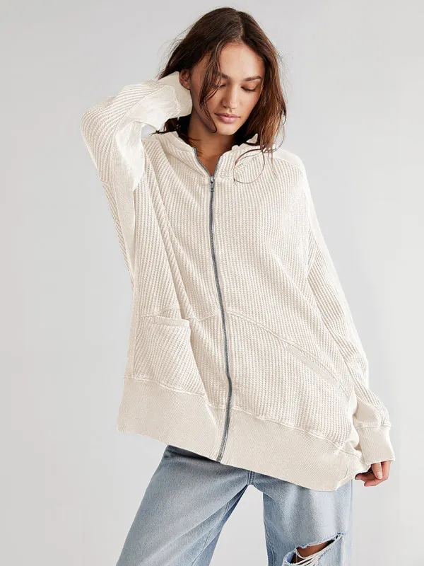 Bohemian Long Sleeve Loose Waffle Knit Casual Zip Front Hoodie