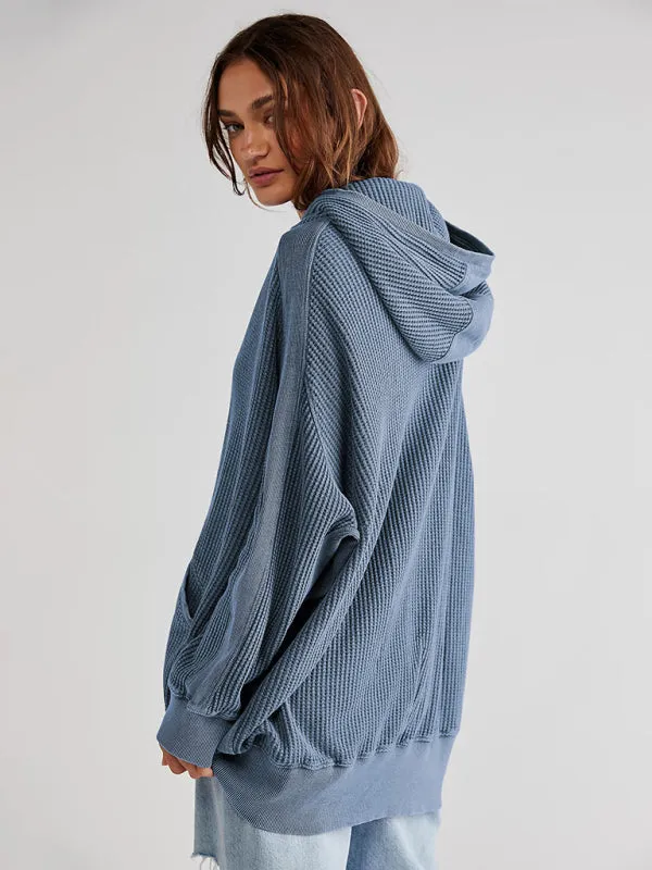 Bohemian Long Sleeve Loose Waffle Knit Casual Zip Front Hoodie