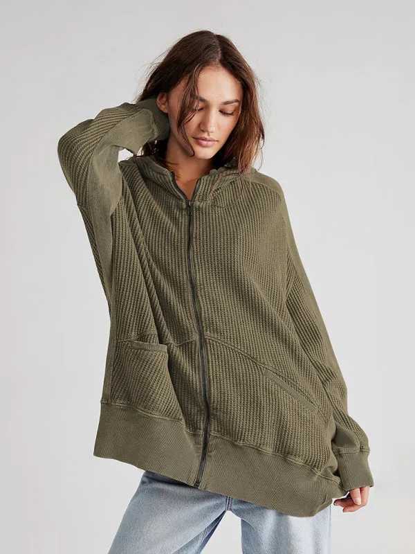 Bohemian Long Sleeve Loose Waffle Knit Casual Zip Front Hoodie