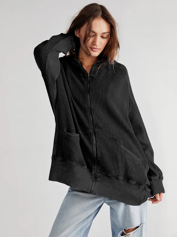 Bohemian Long Sleeve Loose Waffle Knit Casual Zip Front Hoodie