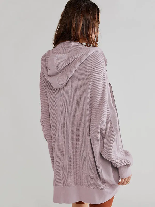 Bohemian Long Sleeve Loose Waffle Knit Casual Zip Front Hoodie