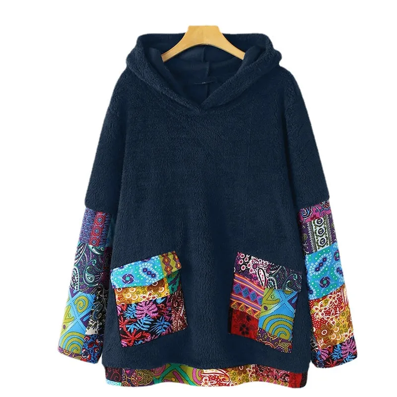 Boho Chic Hoodies for Women Oversized Top Sweatshirt Winter Warm Fleece Oodies Fuzzy Hooded Pullover Bohemian Hippie Jumper Coat