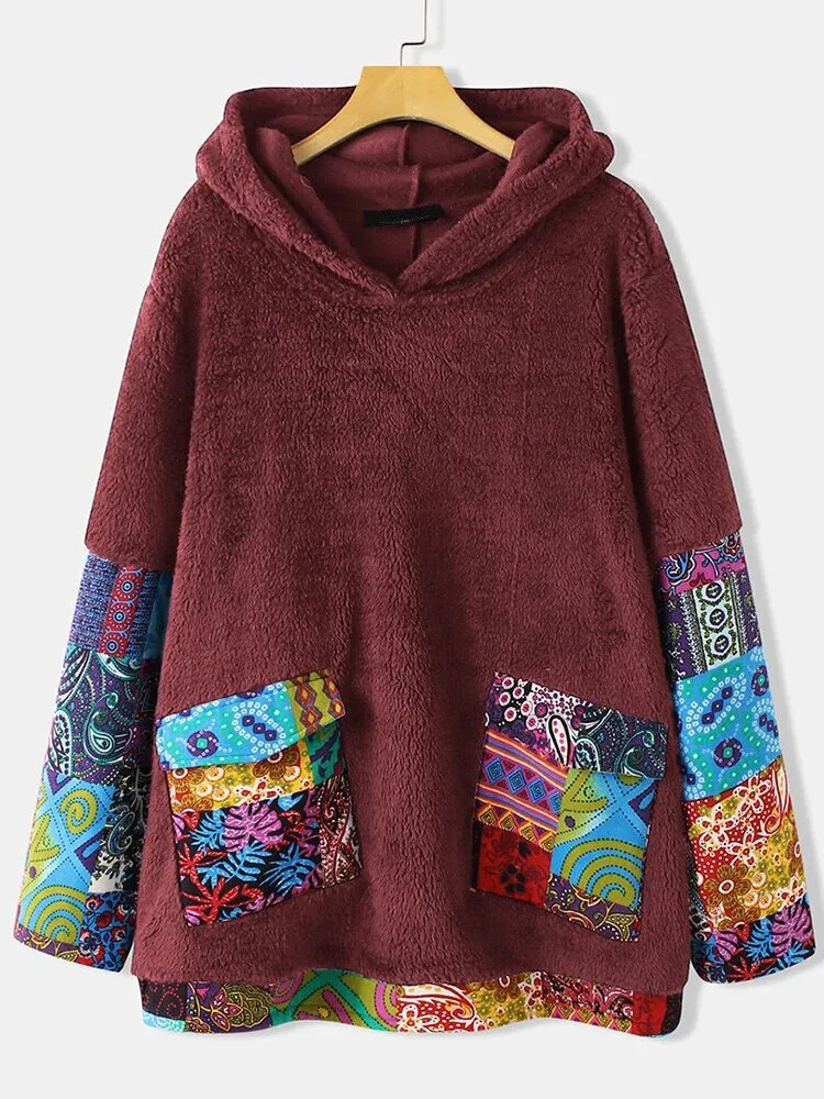 Boho Chic Hoodies for Women Oversized Top Sweatshirt Winter Warm Fleece Oodies Fuzzy Hooded Pullover Bohemian Hippie Jumper Coat