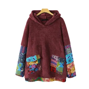 Boho Chic Hoodies for Women Oversized Top Sweatshirt Winter Warm Fleece Oodies Fuzzy Hooded Pullover Bohemian Hippie Jumper Coat