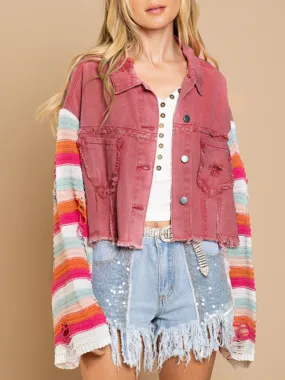 Boho Denim Rainbow Distressed Knit Sleeves Jacket