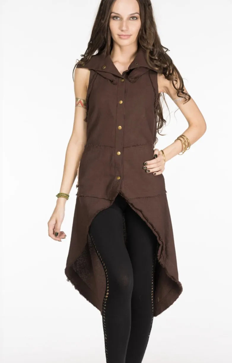 Boho Vest Jacket for Women / Frock Coat with Big Hood & Ouroboros Dragon Belt / Brown