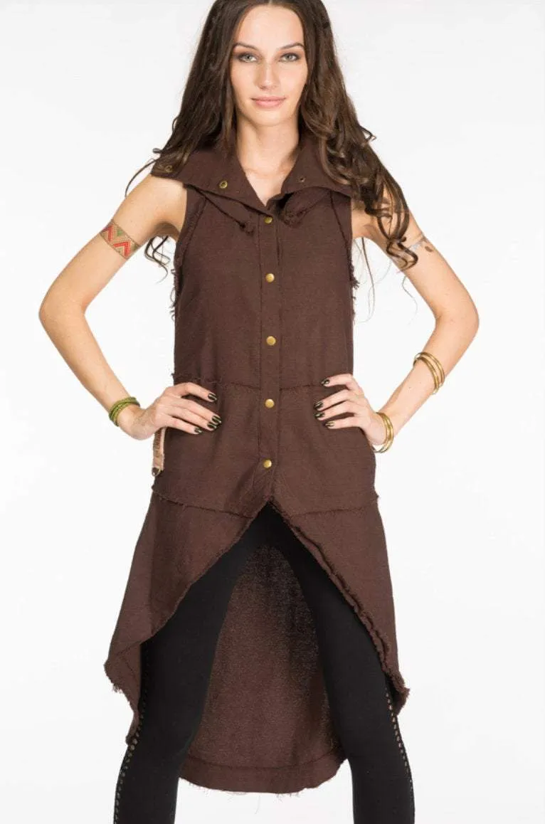 Boho Vest Jacket for Women / Frock Coat with Big Hood & Ouroboros Dragon Belt / Brown