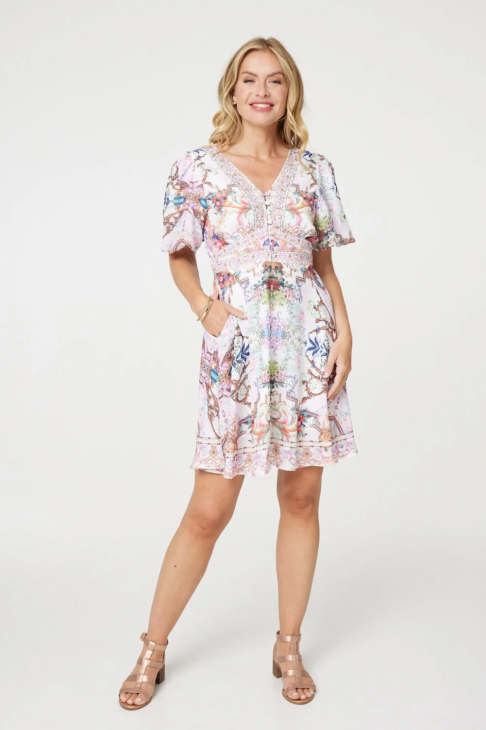 Border Print V-Neck Empire Mini Dress