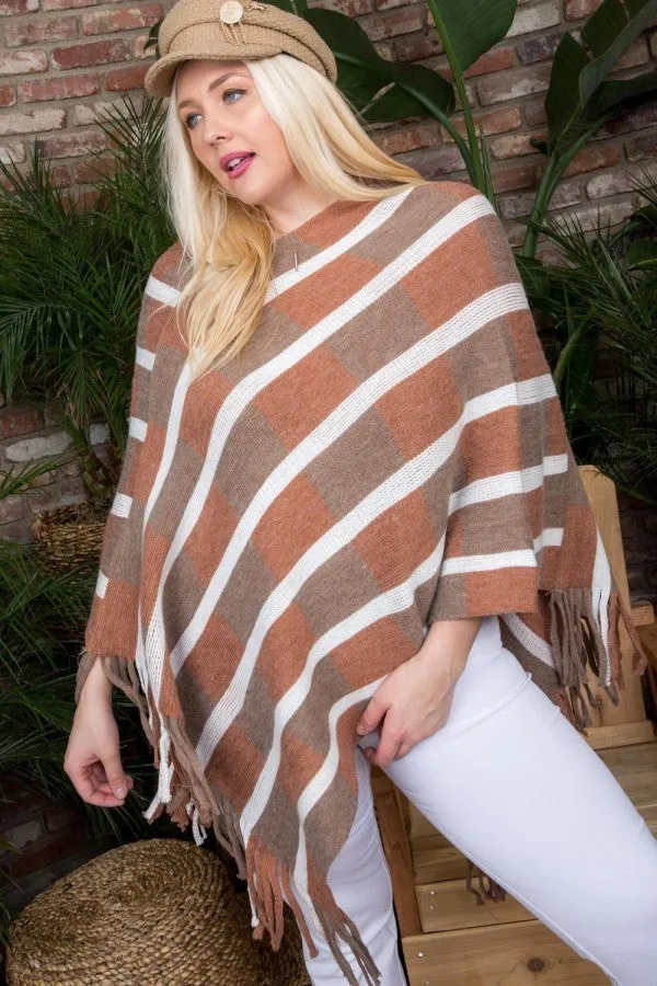 Bottom Tassel Edge Striped Poncho