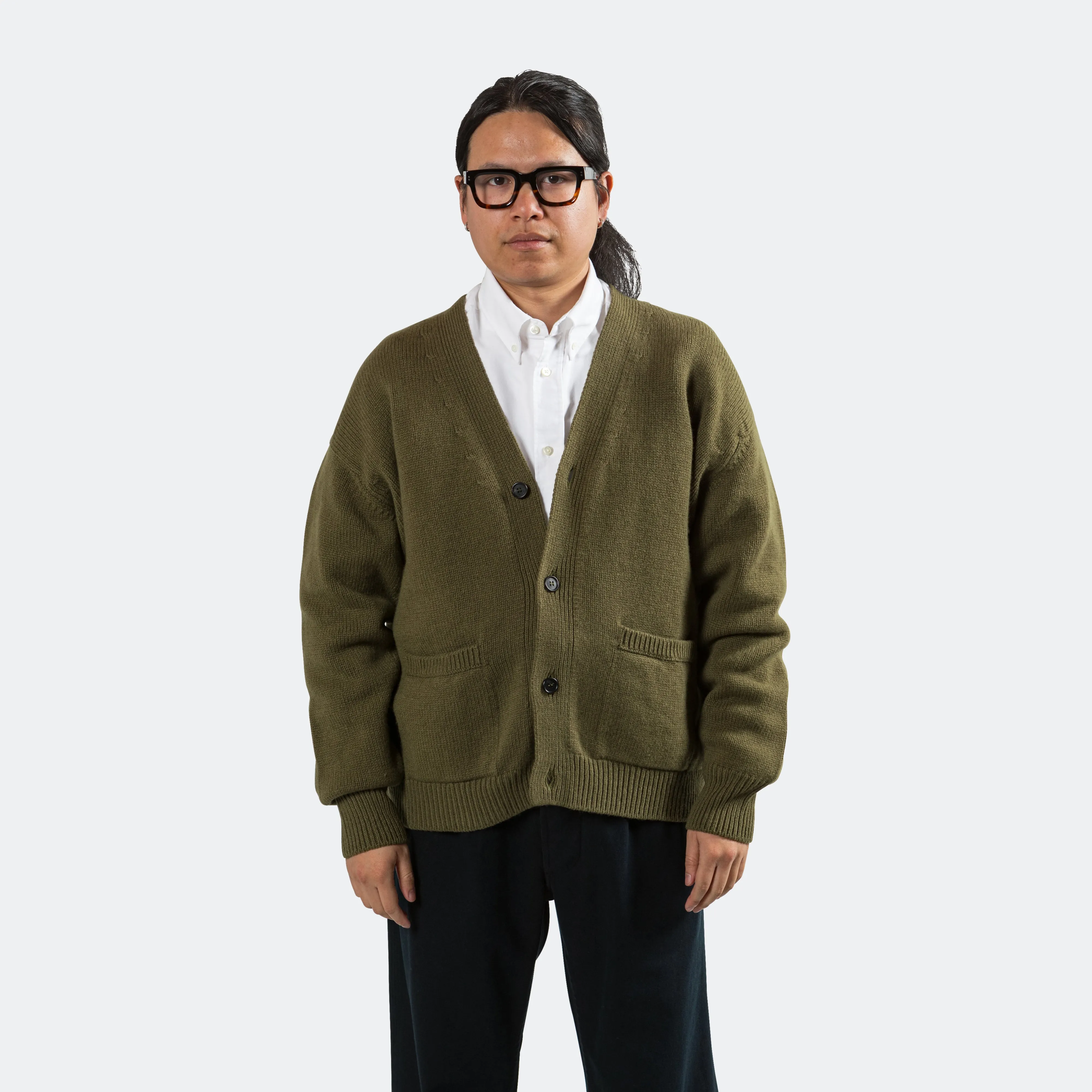 Boxy Cardigan - Olive Green Geelong Wool