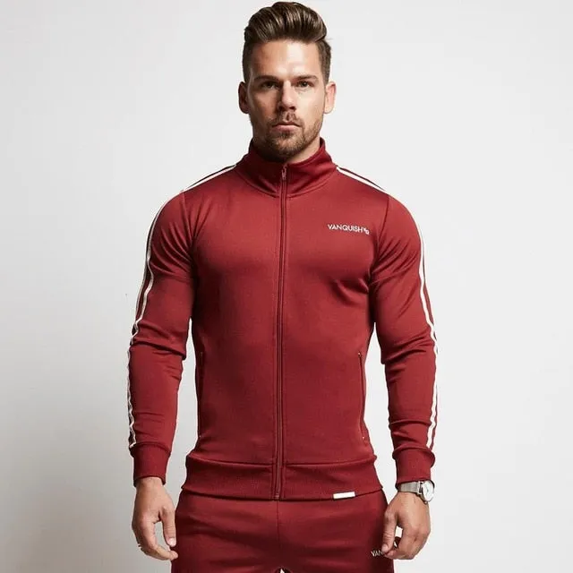 Brand Running Jacket Men Sports Fitness Long Sleeves Hooded Sweatshirts Striped Zipper Hoodies Men Gym Training Run Coat Jackets