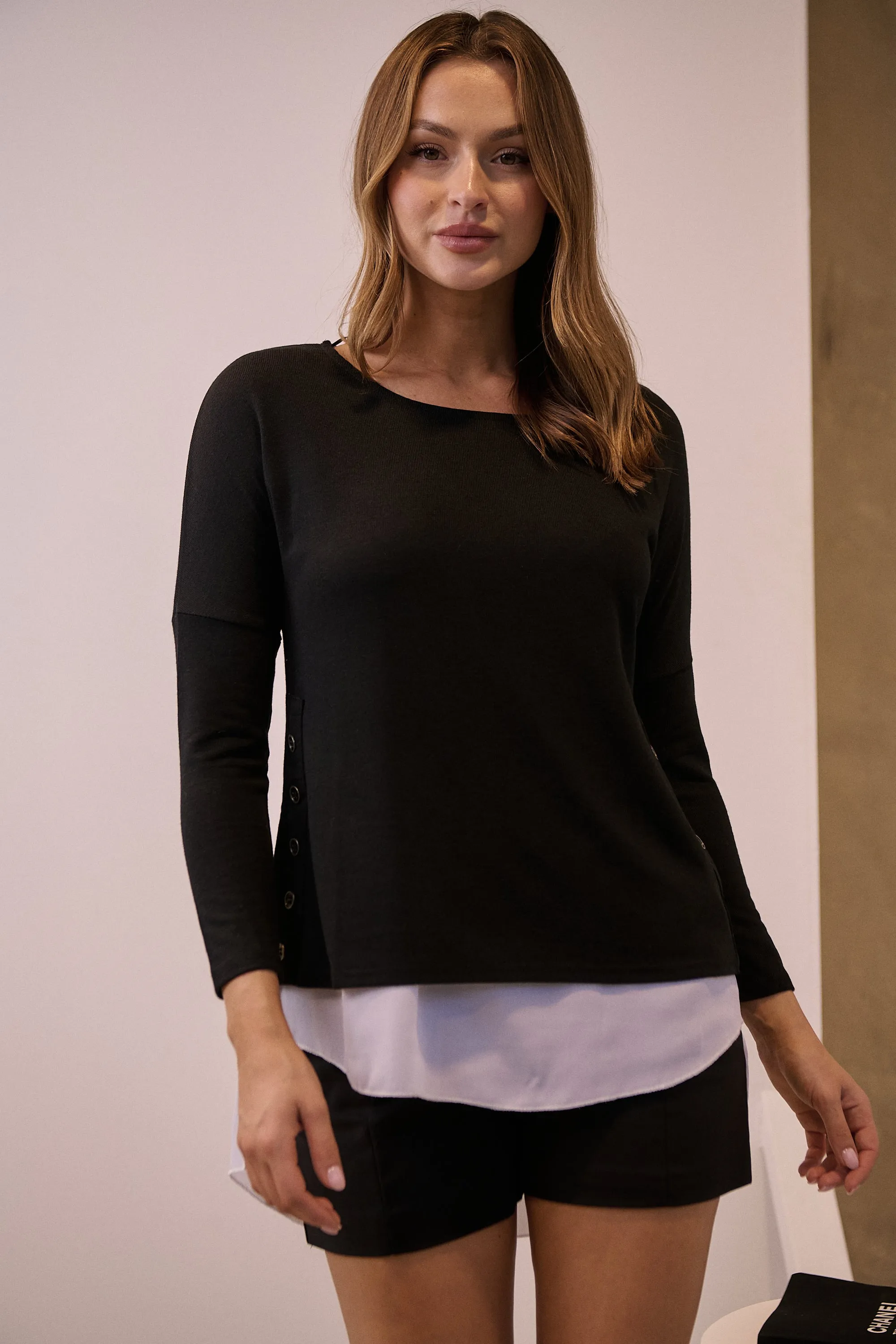 Bronte Long Sleeve Black/White Layered Top