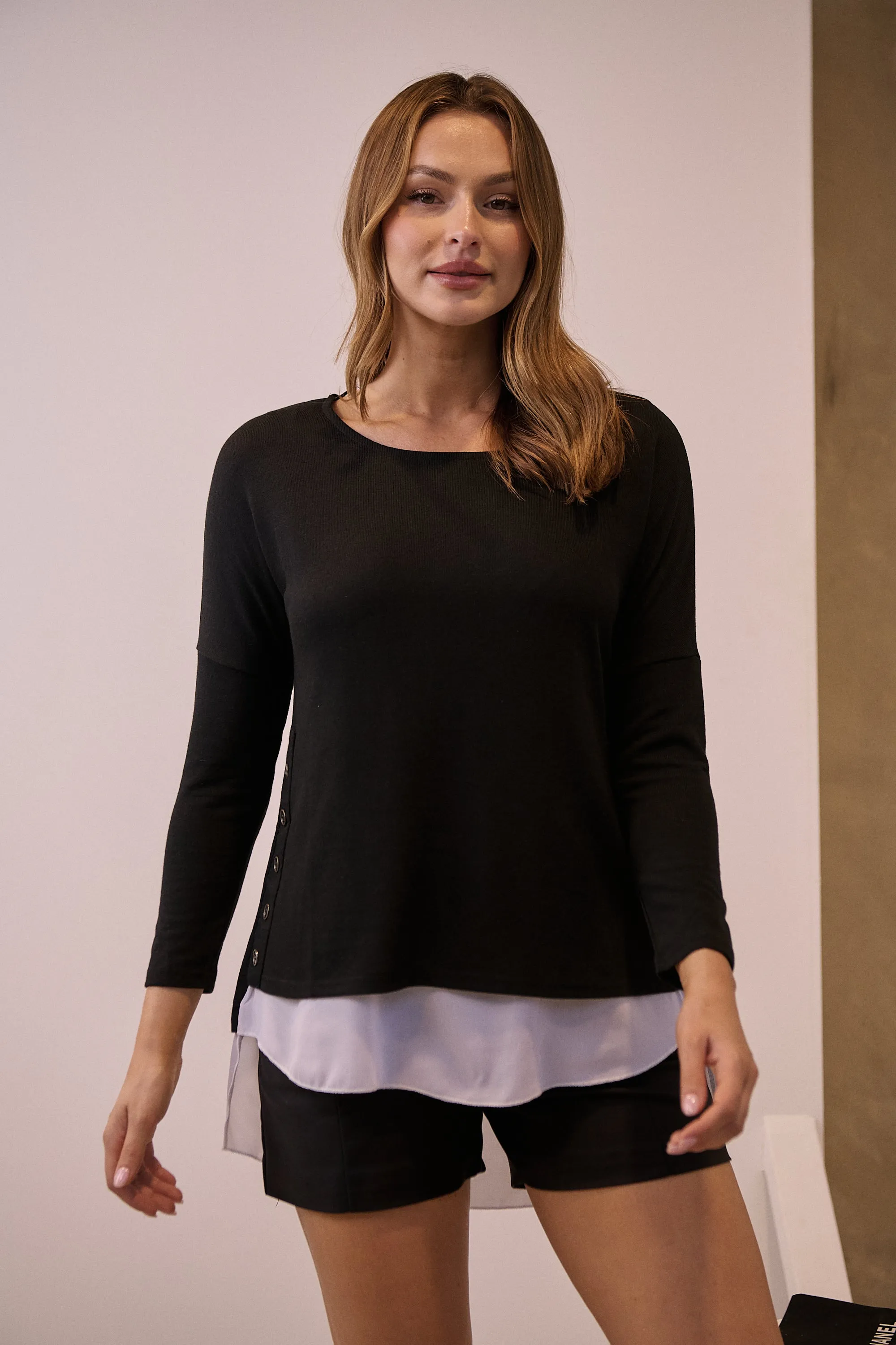 Bronte Long Sleeve Black/White Layered Top