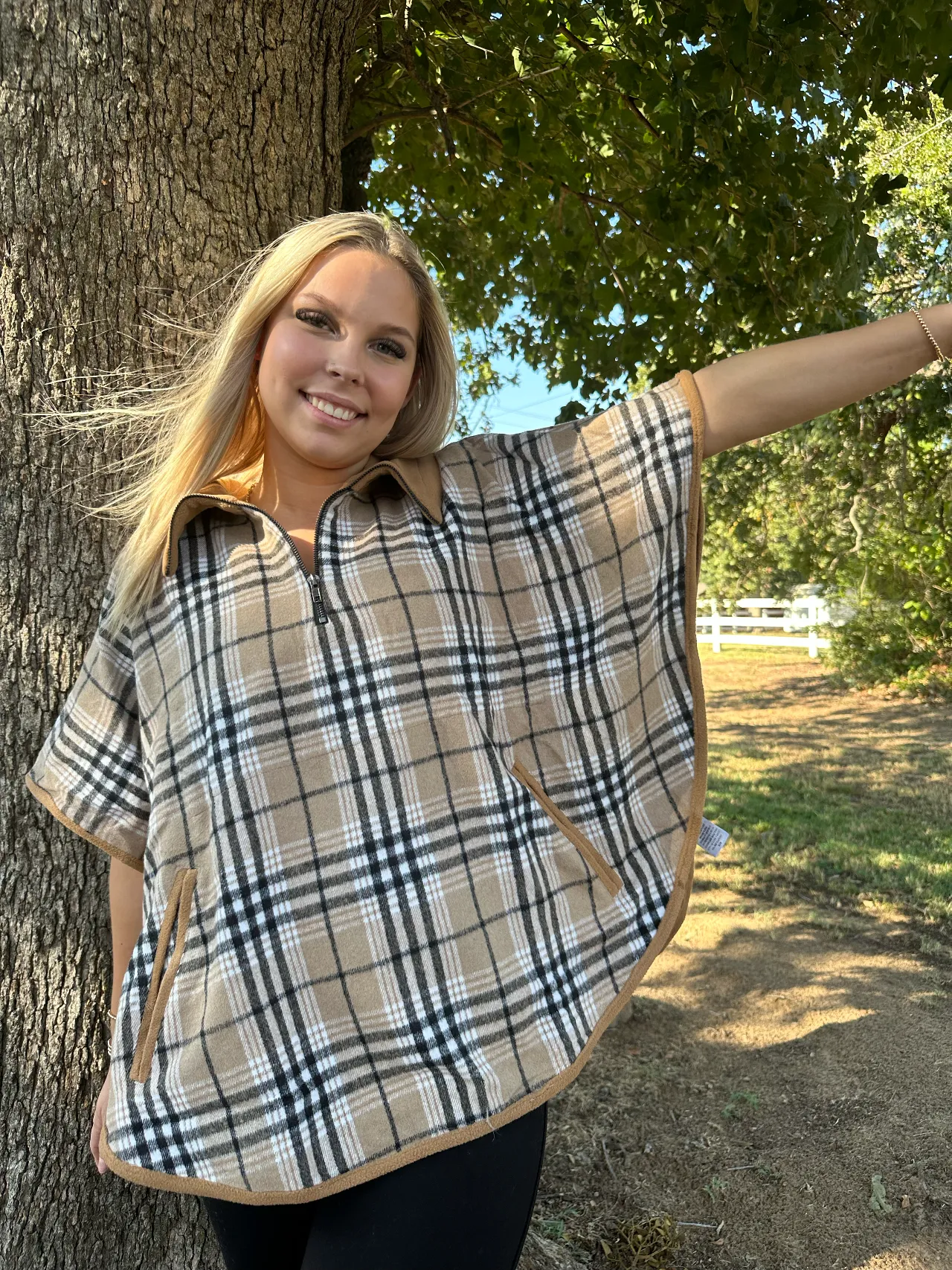 Brushed plaid half zipper pancho