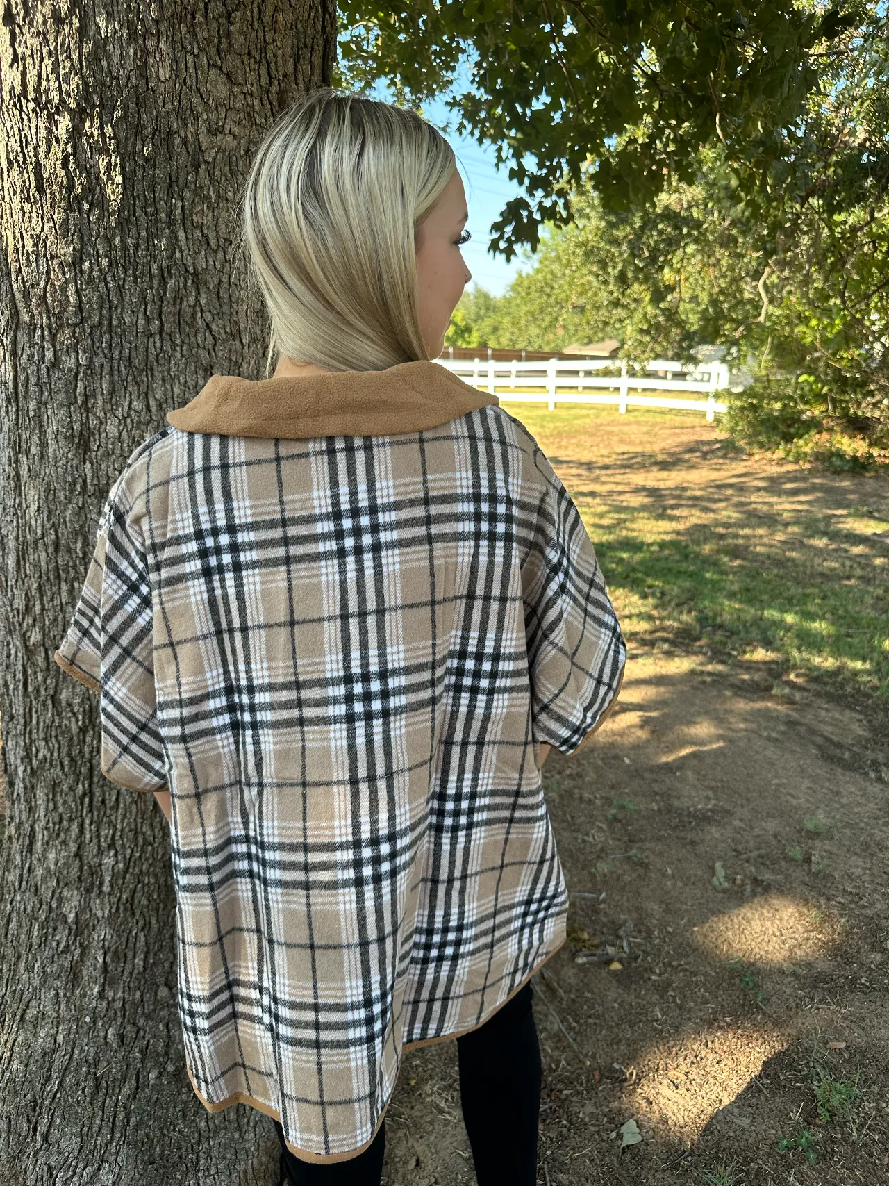 Brushed plaid half zipper pancho