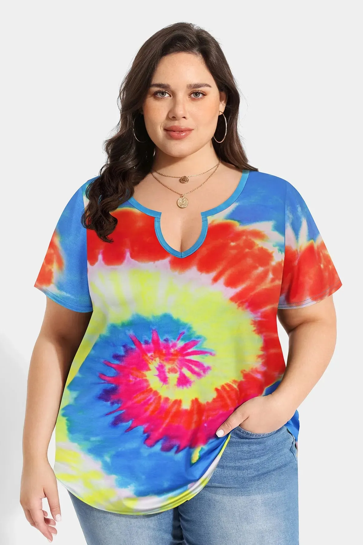 Candy Tie Dye Sexy Notched V Neck Tunic T-Shirt