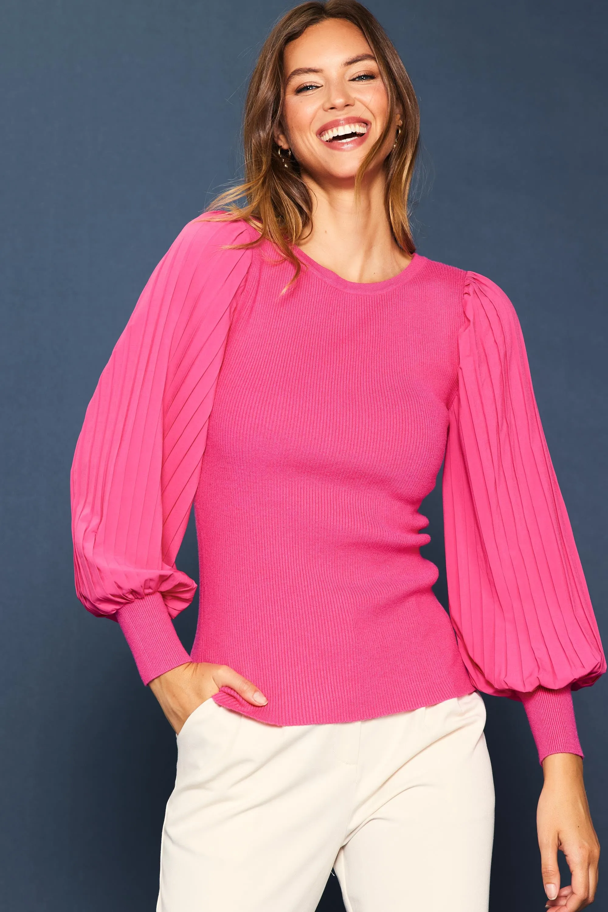 Chantal Mixed Media Pleated Sleeve Knit Top Berry Pink