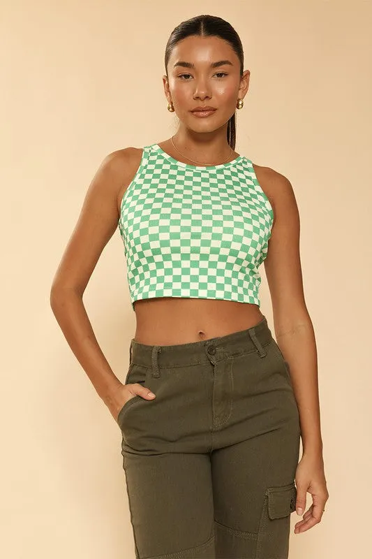 Checkered Cropped rib knit tank top