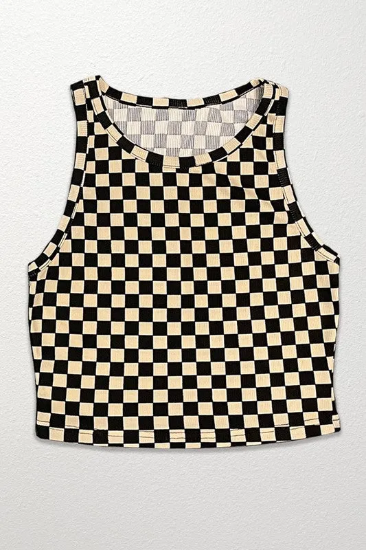 Checkered Cropped rib knit tank top