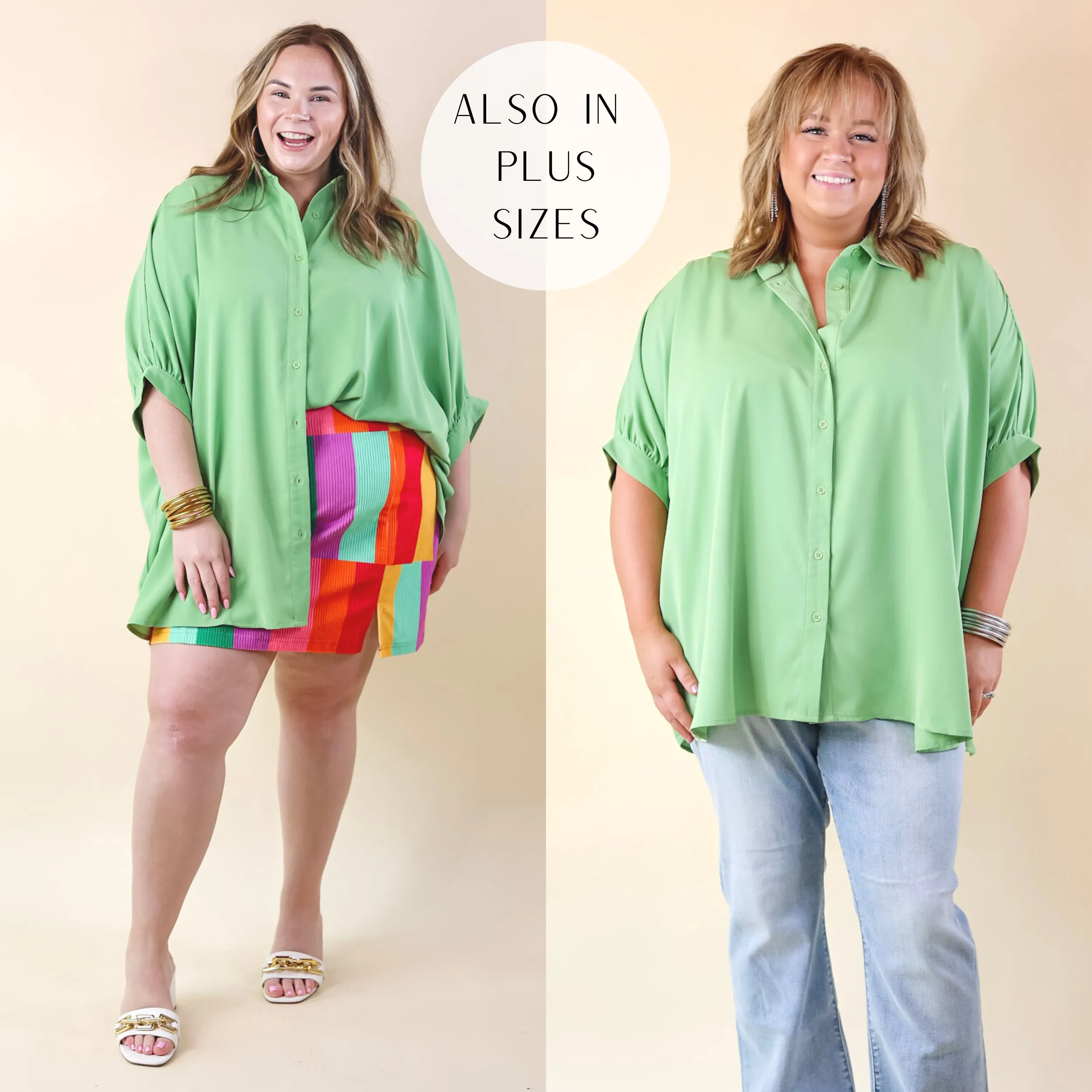 City Lifestyle Button Up Half Sleeve Poncho Top in Aloe Green