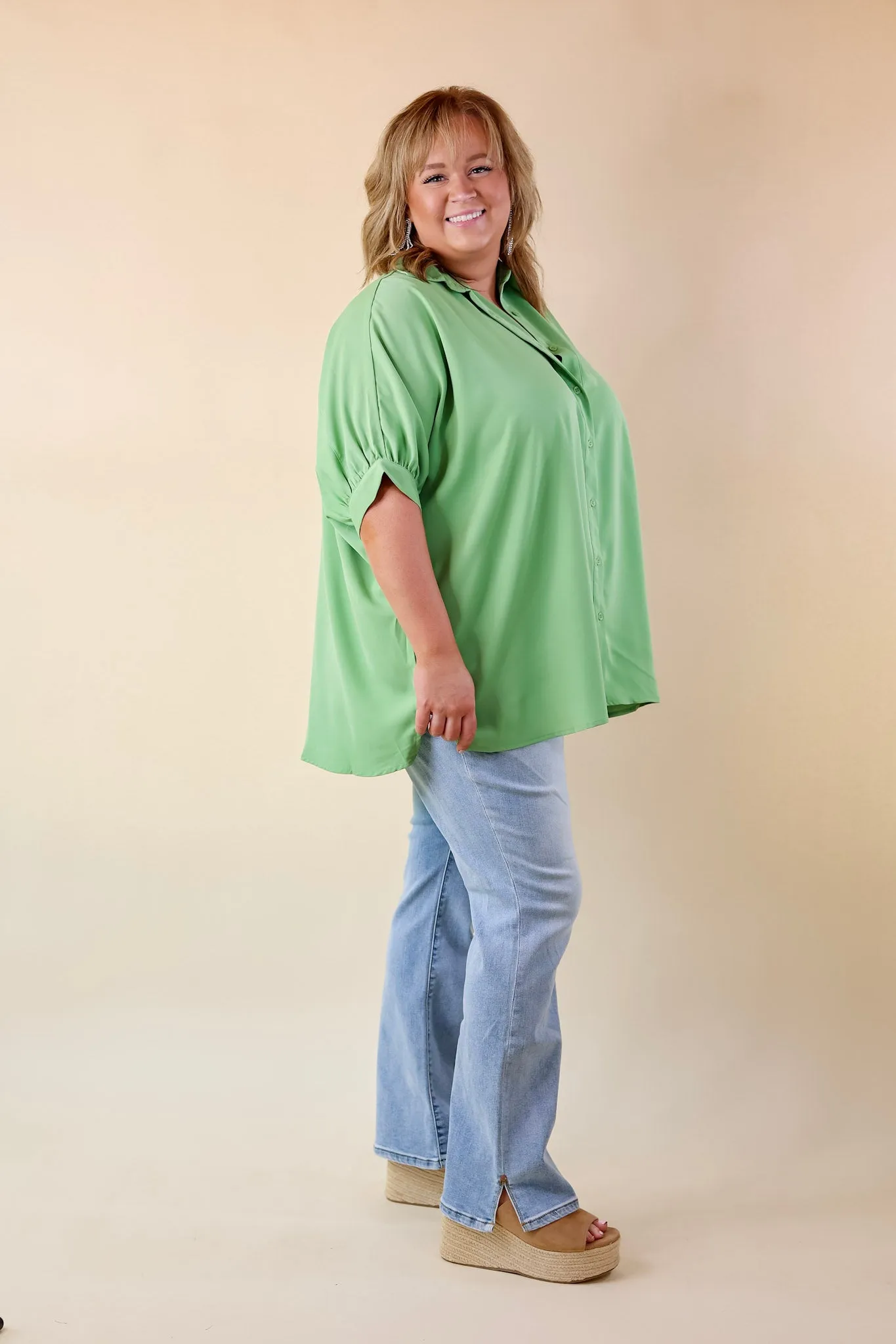 City Lifestyle Button Up Half Sleeve Poncho Top in Aloe Green