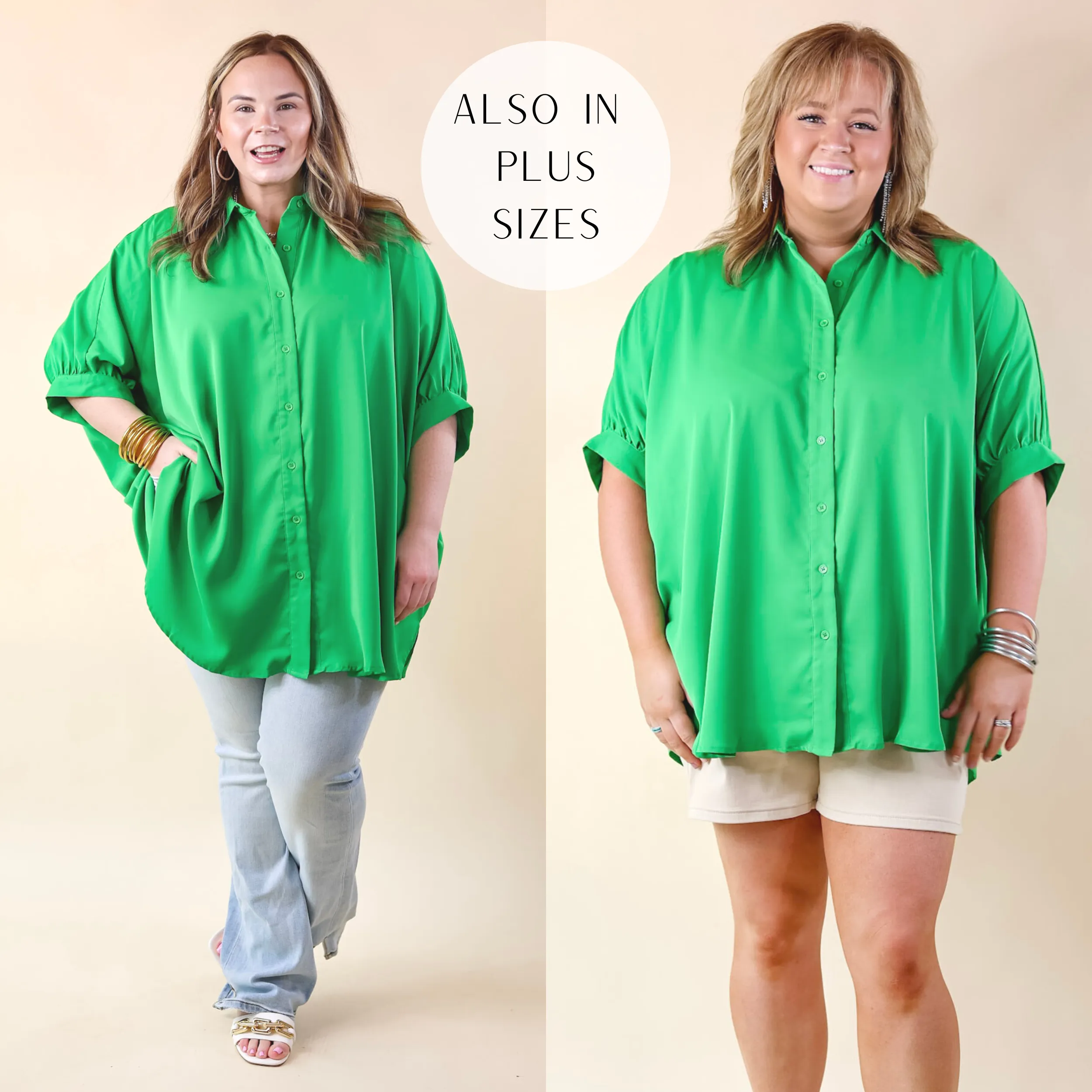 City Lifestyle Button Up Half Sleeve Poncho Top in Green