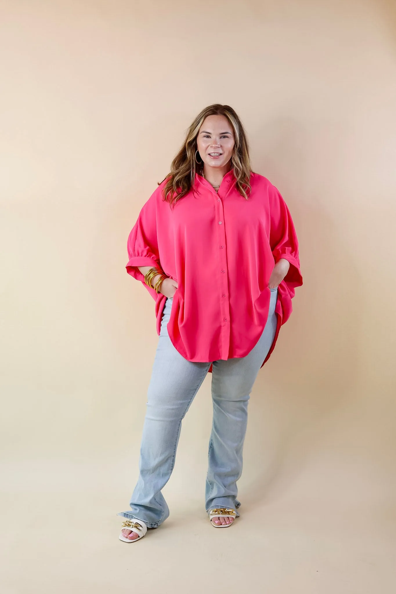 City Lifestyle Button Up Half Sleeve Poncho Top in Hot Pink