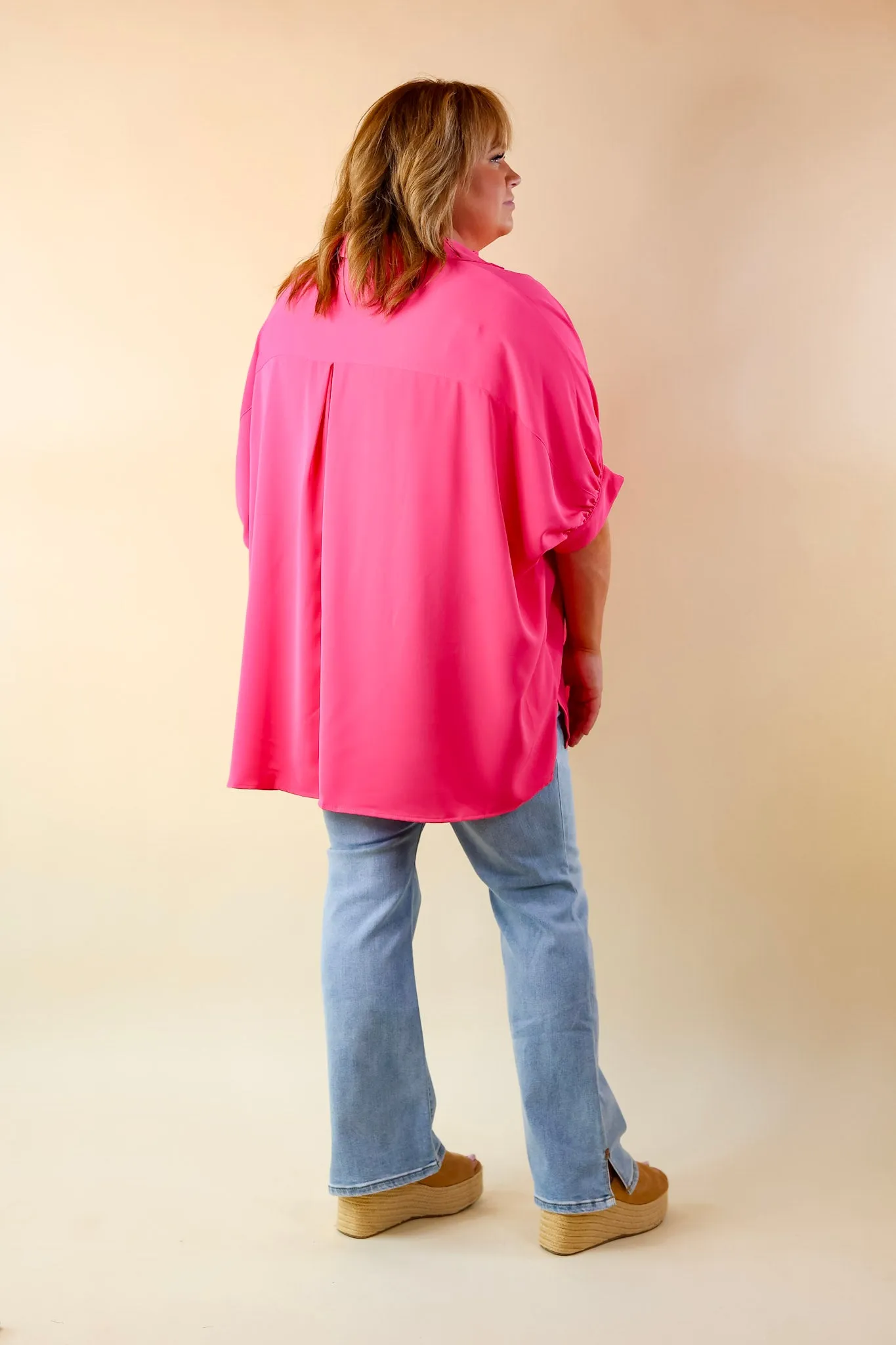 City Lifestyle Button Up Half Sleeve Poncho Top in Hot Pink