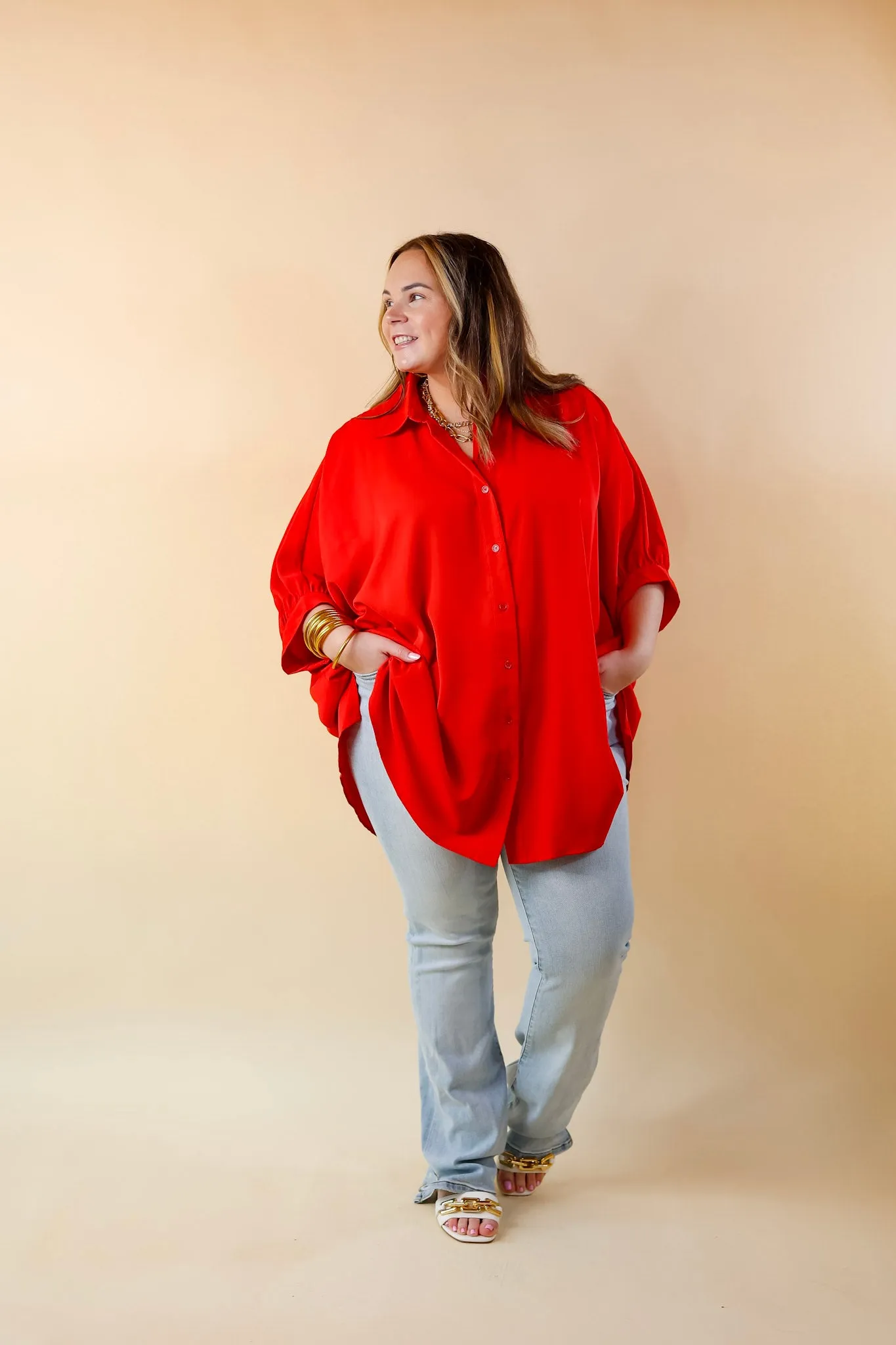 City Lifestyle Button Up Half Sleeve Poncho Top in Red