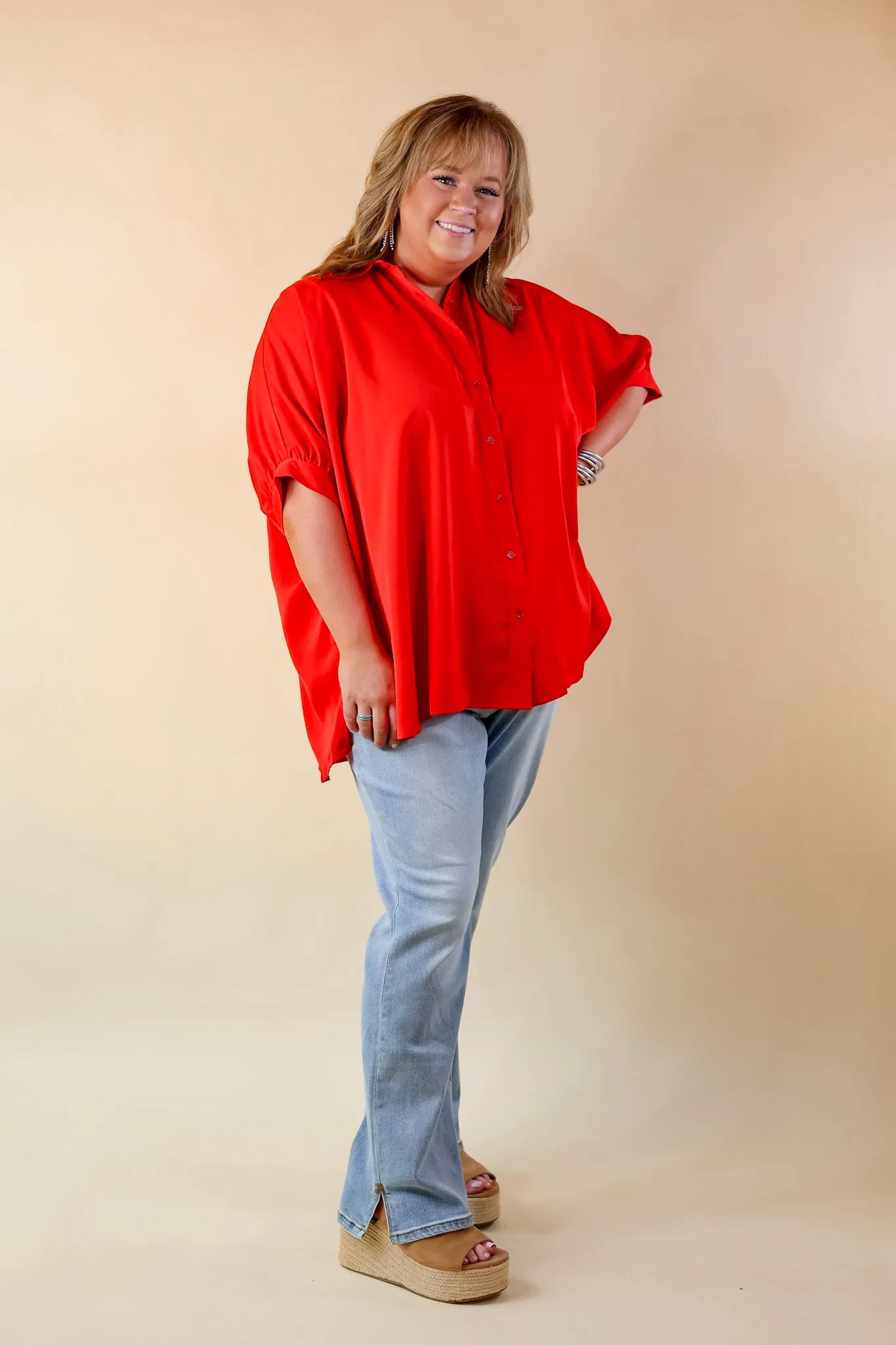 City Lifestyle Button Up Half Sleeve Poncho Top in Red