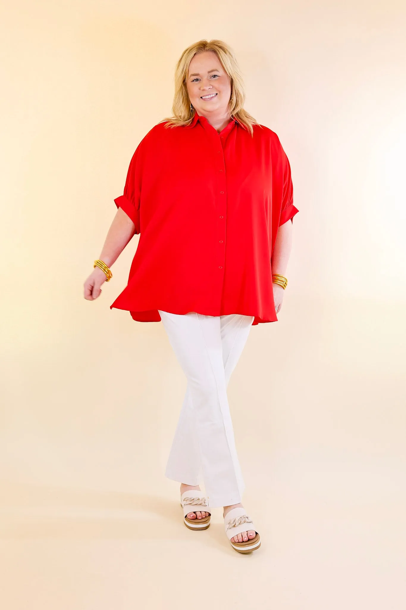 City Lifestyle Button Up Half Sleeve Poncho Top in Red