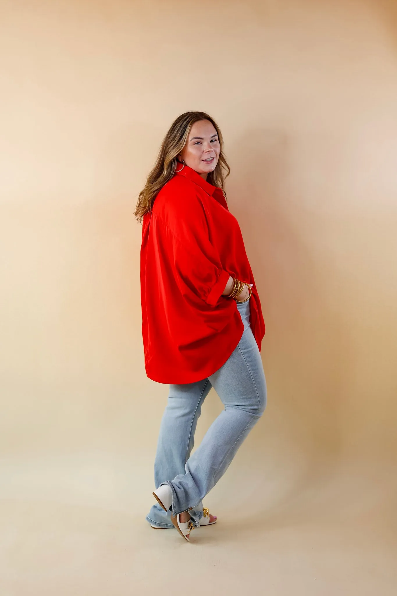 City Lifestyle Button Up Half Sleeve Poncho Top in Red