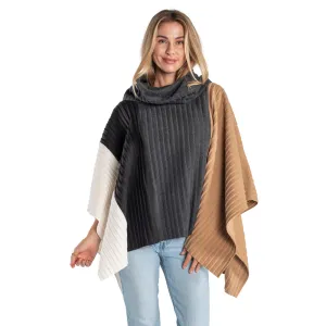 Color Blocked Cowl Neck Pleated Fleece Poncho