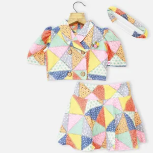 Colorful Geometric Printed Blazer With Skirt Co-Ord Set