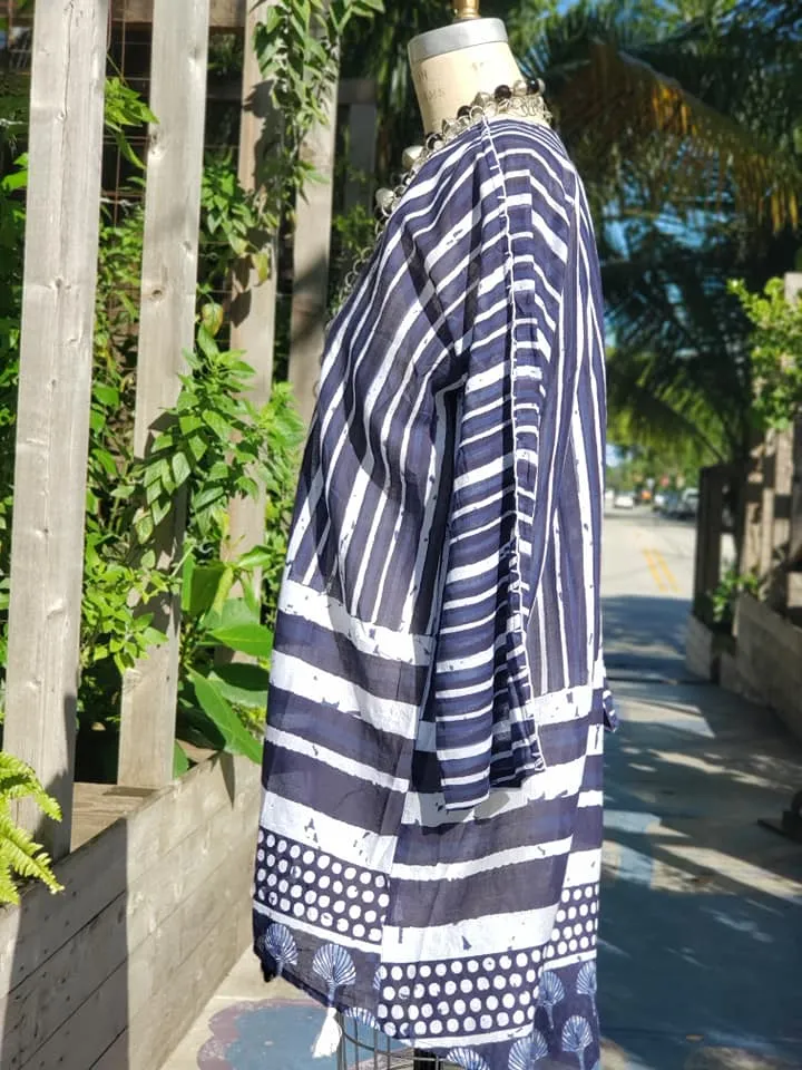 Cotton Kimono Caftan Shells and Stripes with Tassels