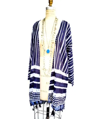 Cotton Kimono Caftan Shells and Stripes with Tassels